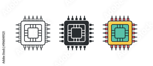 Set of three microprocessor icons in outline, solid black, and color styles