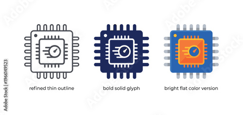 Set of three microprocessor icons representing speed and performance in technology