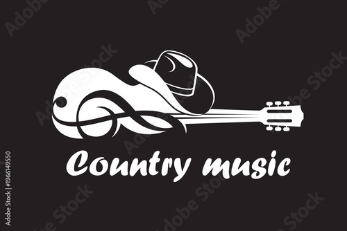 Fotografie country music sign with cowboy hat and guitar isolated on black background
