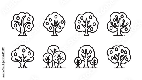 Outline Fruit Trees Collection Vector Icons Set Isolated On White Background