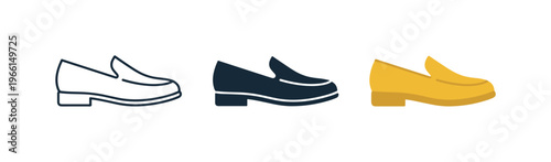 Collection of slip-on loafer shoe icons in outline, solid, and flat design styles