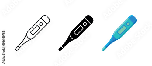 Digital thermometer icons in outline, silhouette, and color for health monitoring