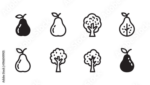 Pear and Tree Icons: Black and White Simple Line Art Collection