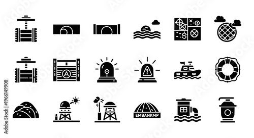 Black nautical icons, marine symbols, lighthouse signs, 20 vector graphics