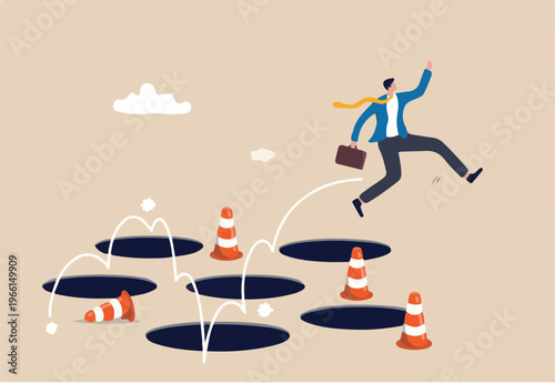 Avoid pitfall, adversity and brave to jump pass mistake or business failure, skill and creativity to solve problem concept, smart businessman jump pass many pitfalls to achieve business.