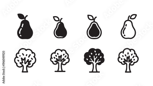 Pear and Tree Icons Set Vector Graphic Design Elements