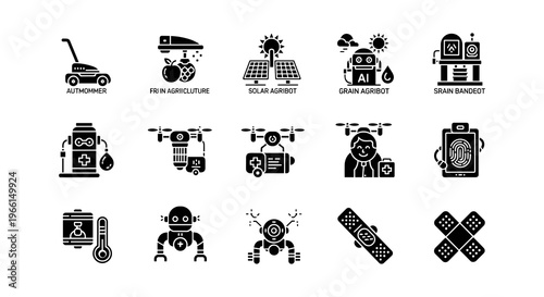Robotics, industrial icons, 16 black and white vector graphics, robotic machines, automation symbols