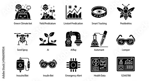 Industrial icons, technology symbols, automation signs, smart industry markers