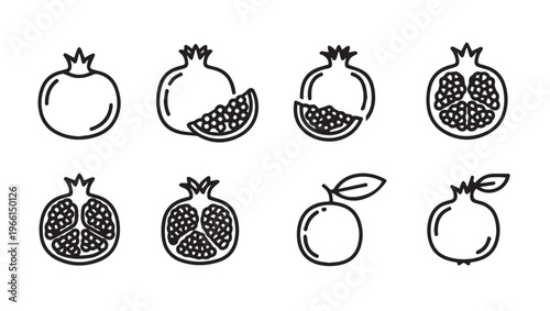 Pomegranate Fruit Icons Set Whole and Halved Line Art Style