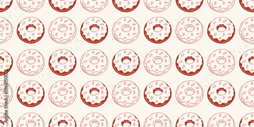 Donut seamless pattern in hand drawn red line art style. Vector background for bakery, cafe menu and sweet food design. Minimalist dessert wallpaper for textile and packaging