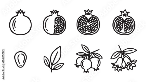 Pomegranate Icons: Whole Halved Seed Leaves Flowers and BerriesLine Art