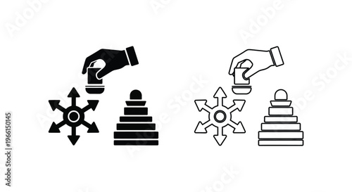 a hand holding a gear turning a cogwheel next to pyramids Vector