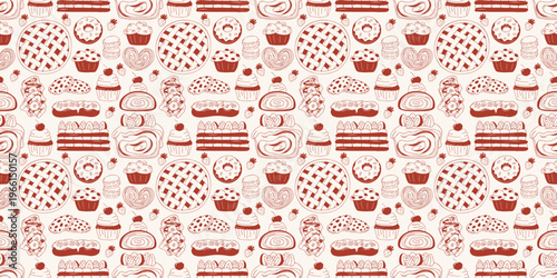 Seamless vector pattern with muffin, eclair, fruit pie, donut, oatmeal cookies, cupcake, mille feuille. Hand drawn pastry red line style on beige background, for bakery branding and food packaging.