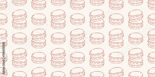 Seamless pattern with french macarons in red line style. Vector background for bakery, cafe menu , sweet dessert design. Minimalist hand drawn pastry wallpaper for textile, packaging, wrapping paper