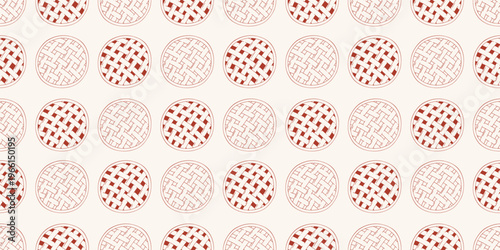 Seamless pattern with fruit or berry pies in red line art style. Vector background for bakery, cafe menu and thanksgiving decor. Minimalist hand drawn sweet dessert wallpaper isolated on beige.