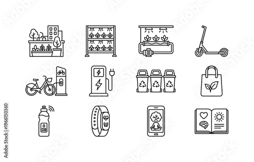 Collection of icons representing sustainable urban living and eco-friendly technology