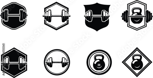 Black and white icons of gym equipment in various shapes  dumbbells and kettlebells for fitness and workout routines
