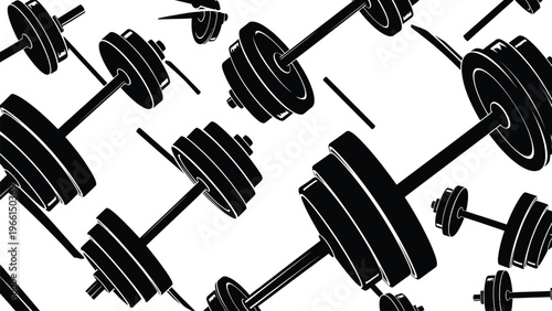 Black and white illustration of multiple dumbbells and barbells with weights on them scattered across a plain white surface for fitness and exercise concepts