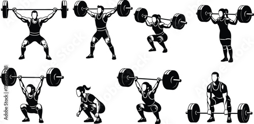 Black and white illustrations of people lifting weights in various positions and exercises  weightlifting and fitness concepts