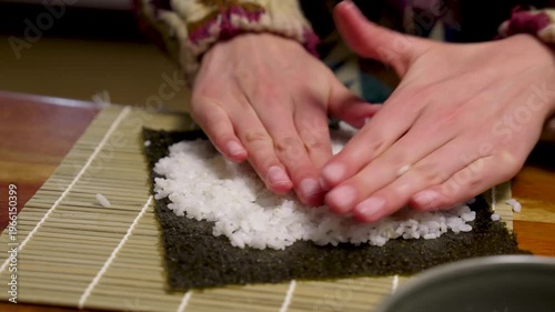 Fried tempeh stripes added to homemade sushi roll with mushrooms and fresh cheese horizontal