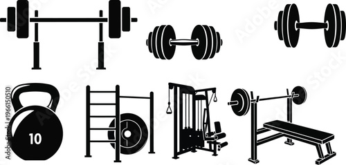 Collection of gym equipment icons including dumbbells barbells kettlebells and exercise machines for fitness and workout routines