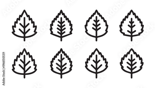 Set of eight identical leaf icons with veins and serrated edges on white background