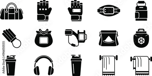 Collection of various black icons on white background including handbags headphones towels and drinkware