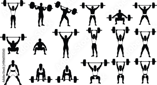 Collection of silhouette people weightlifting barbells in various exercise poses and movements