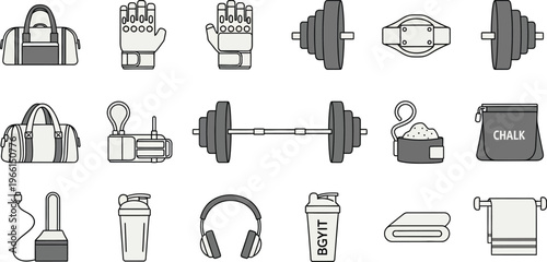 Gym and fitness icons including bags dumbbells headphones and accessories for exercise and working out  isolated on transparent background