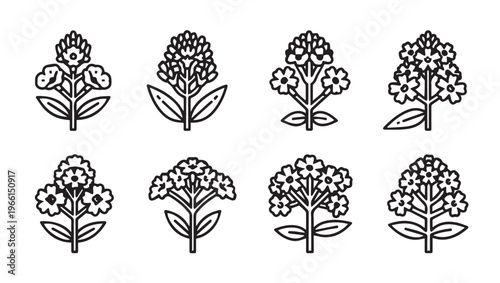 Set of eight stylized floral icons with simple outline drawings of flowers on stems