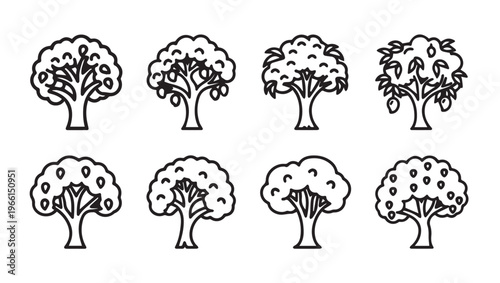 Set of eight stylized fruit trees simple line art isolated on white background