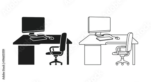a black and white line drawing of two office desks with computers Vector