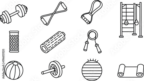 Various gym and fitness equipment icons including dumbbell jump rope resistance band medicine ball kettlebell ab roller boxing punching bag yoga mat