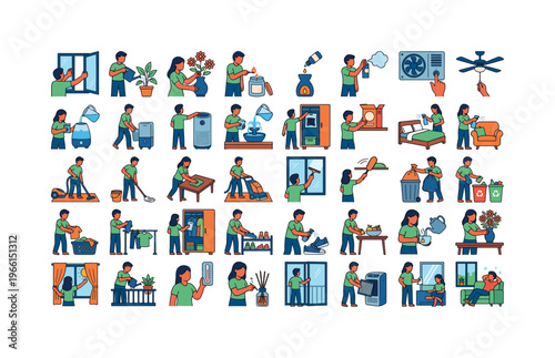 Household chores and tasks illustrated in colorful cartoon style