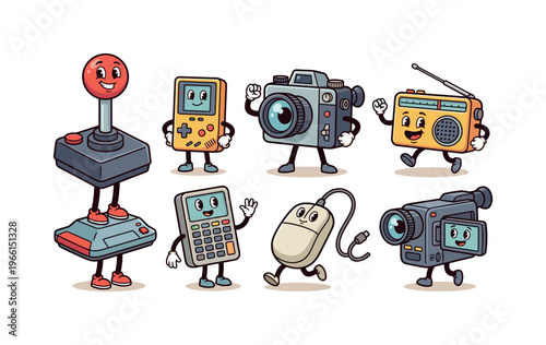 Retro electronic gadgets with faces and legs having fun together