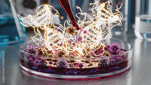 A Petri dish with a laboratory pipette is shown in a detailed biomedical visualization of virus research and vaccine study.