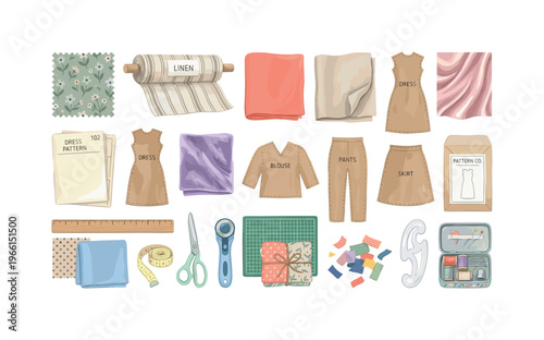 Sewing supplies and fabric swatches for dressmaking and crafting projects