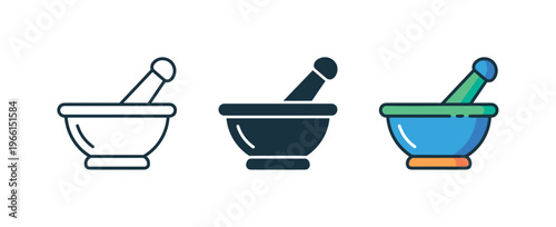 Mortar and pestle icons representing different styles of this ancient tool