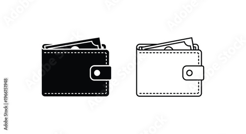 black and white wallet icons with cash inside Vector