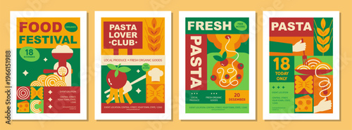 Italian pasta poster Set, and Banners with geometric spaghetti, and food symbols