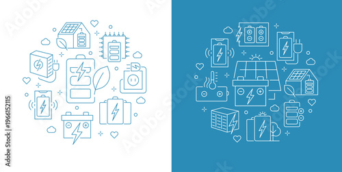 Battery storage and energy grid line icons arranged in a circular concept renewable power and EV charging