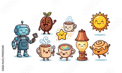 Cute cartoon robot barista and coffee characters with sun and cinnamon roll