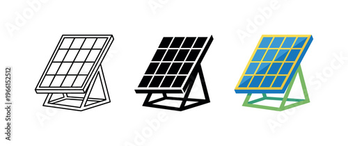 Solar panel icons in outline, solid black, and colorful vector styles