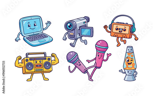 Retro technology characters dancing and having fun together on white background