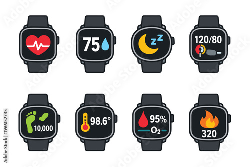 Health and fitness trackers displaying various vital signs on smartwatches