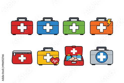 Colorful first aid kits and medical emergency symbols in a visual collection