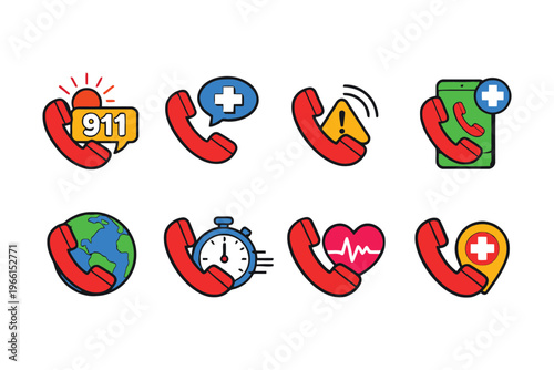Illustrations of emergency and global communication icons using telephones