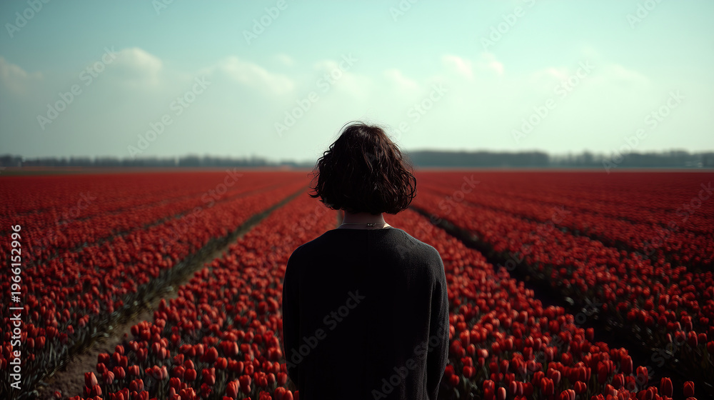 Fototapeta premium Woman standing in vast red tulip field looking toward horizon. Contemplative figure in dark clothing surrounded by blooming flowers with tree line in distance under clear sky.