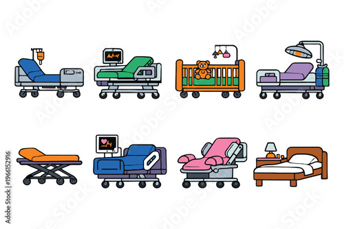 Various types of hospital beds and medical equipment for patient care