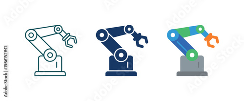 Set of robotic arm icons in different styles for industrial automation